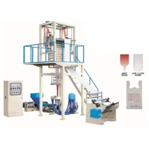 Plastic film extrusion machine with processing unit and control panel.