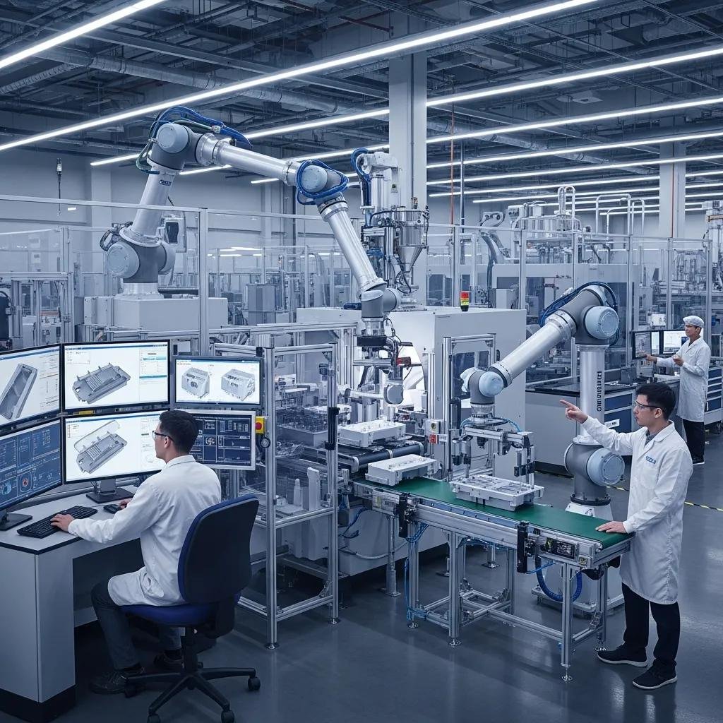 Advanced technologies in custom plastic processing, showcasing automation and robotics in manufacturing