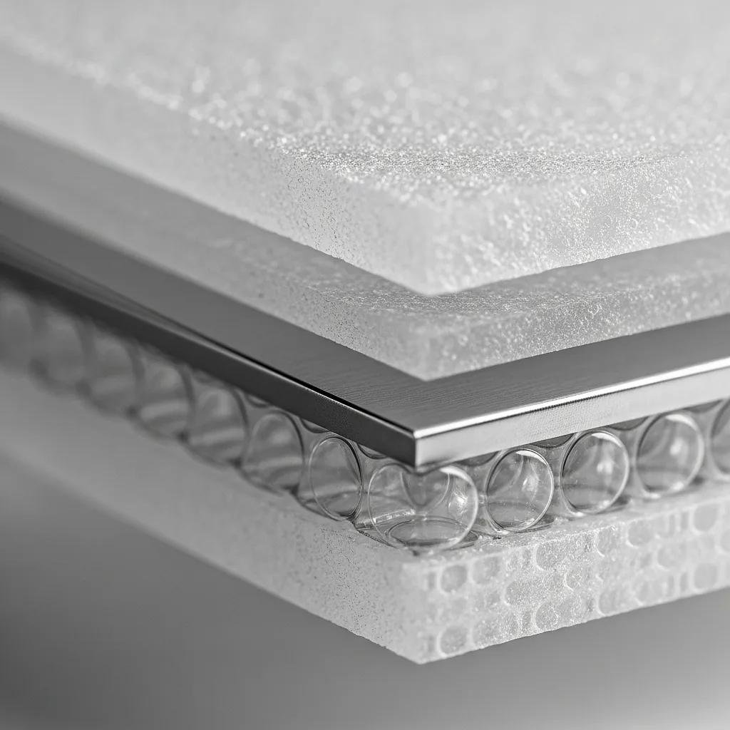 Primer plano de capas de film de burbujas con barrera demostrando protecci&oacute;n contra humedad y gases