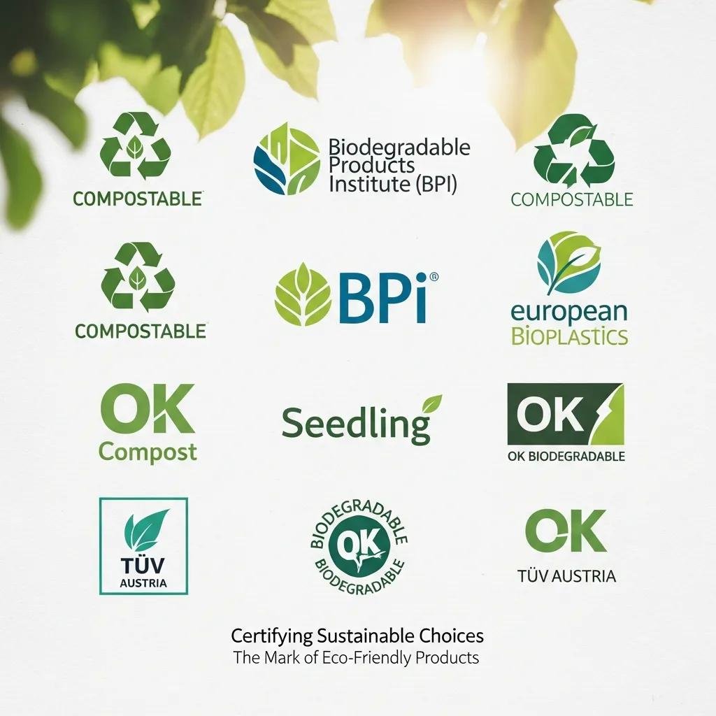 Environmental certification logos for biodegradable products emphasizing sustainability and eco-friendliness