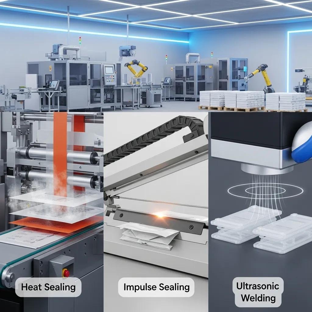 Illustration of advanced sealing technologies: heat sealing, impulse sealing, and ultrasonic welding