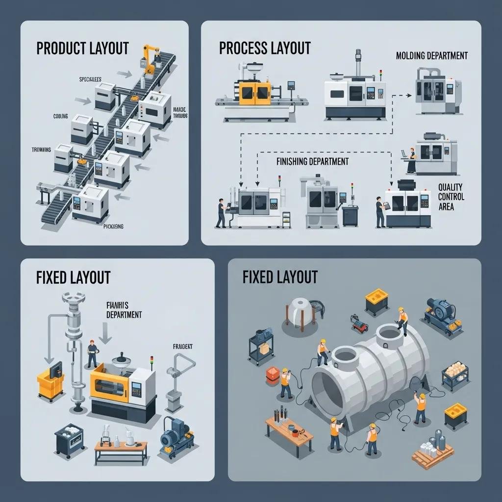 Illustration of various industrial layouts in plastic manufacturing, showcasing organization and efficiency