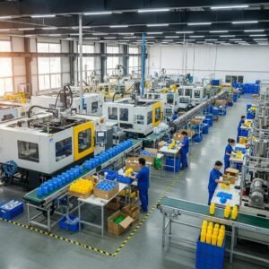 Modern plastic manufacturing factory interior with advanced machinery and organized layout