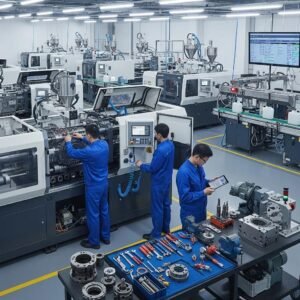 Plastic machinery workshop with technicians performing maintenance tasks