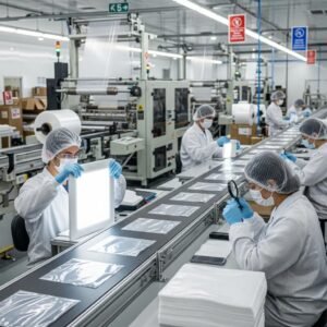 Quality control process in plastic bag production with workers inspecting bags