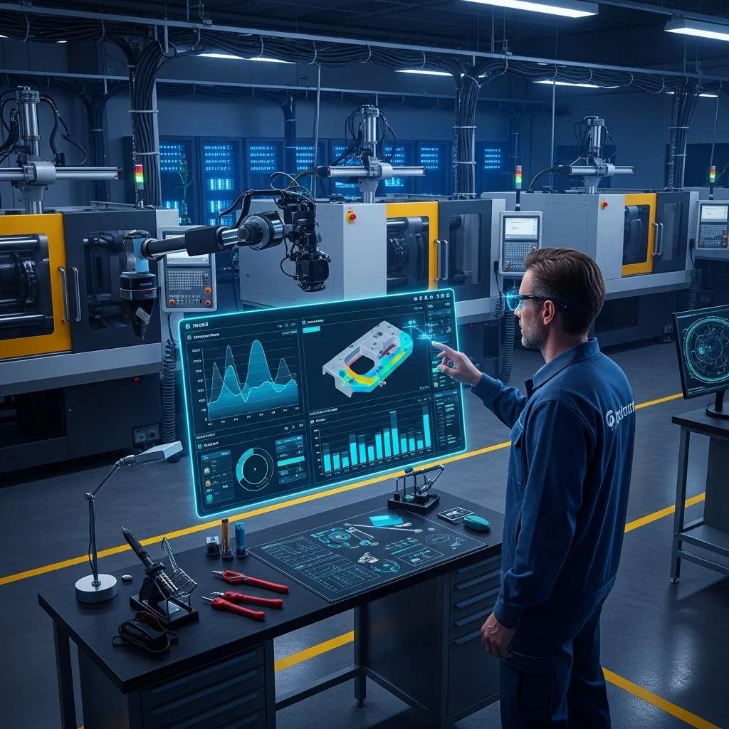 Technician analyzing IoT data on a digital dashboard in a modern workshop