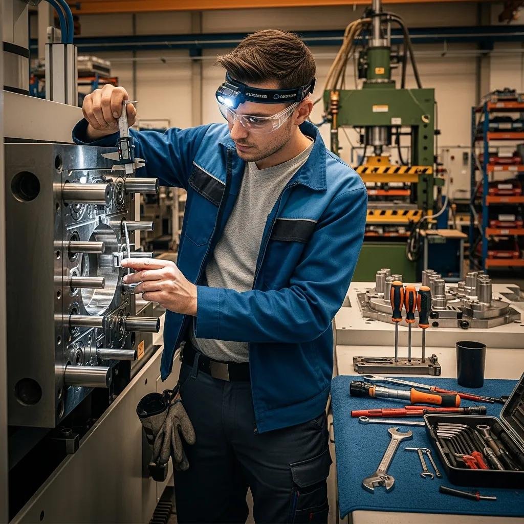 Technician inspecting an injection molding machine for preventive maintenance