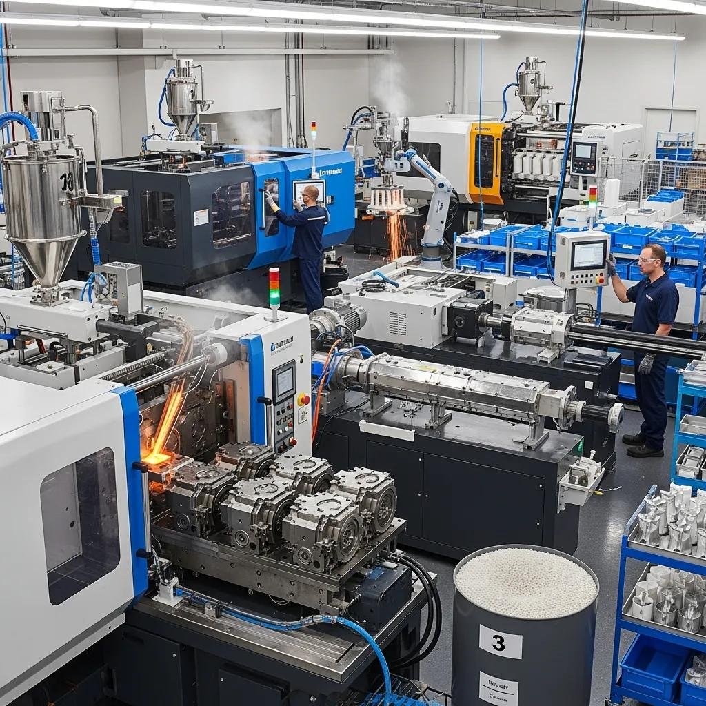 Various types of custom plastic machinery in action, illustrating tailored manufacturing solutions