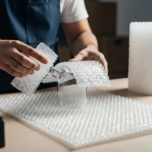 Bubble wrap packaging protecting fragile items in a workspace