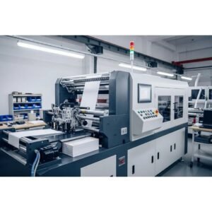 High-speed slitter machine cutting materials in an industrial environment