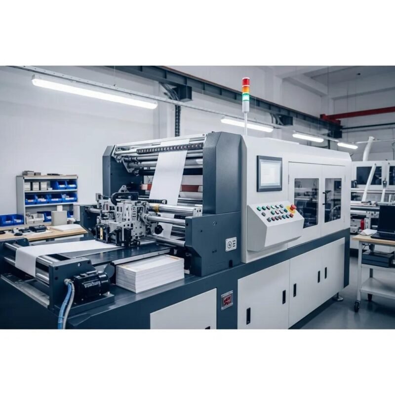 High-speed slitter machine cutting materials in an industrial environment