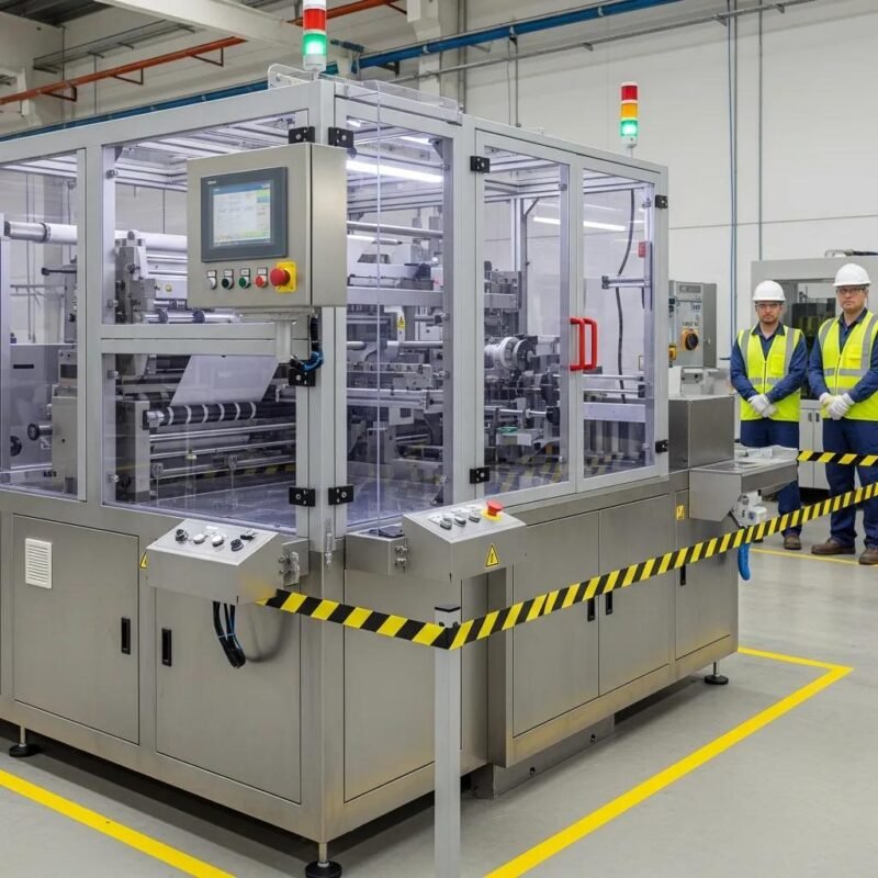 Refiladora machine with safety features and operators in PPE