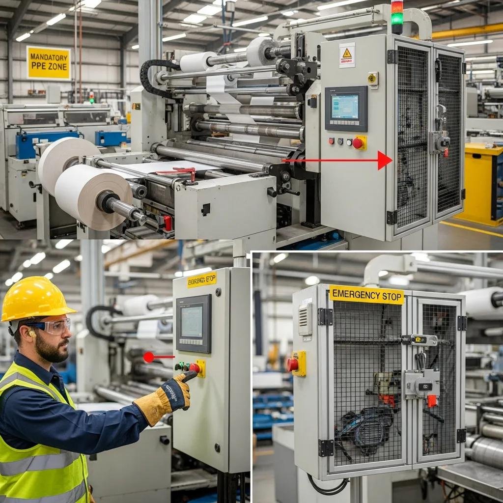 Safety features of refiladora equipment including EPP and emergency stops