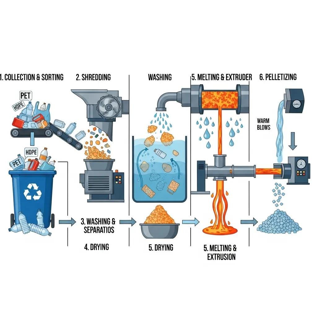 Step-by-step visual representation of the plastic recycling process, from sorting to pelletizing