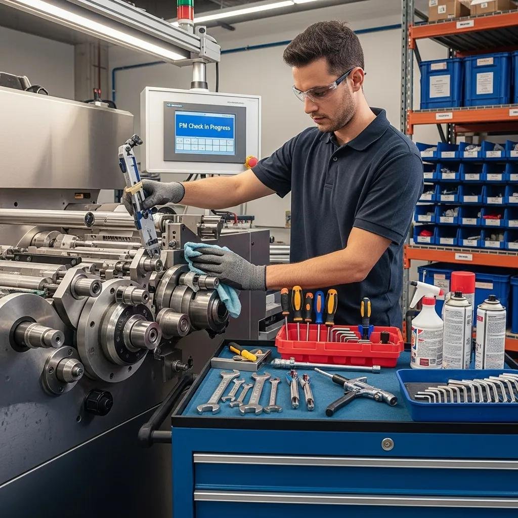 Technician conducting preventive maintenance on a high-speed slitter machine