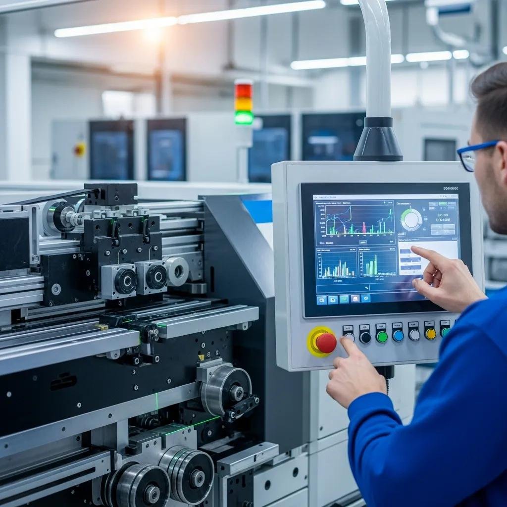 Technician operating a high-speed slitter machine with advanced automation controls