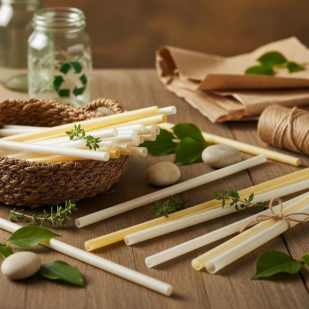 Variety of biodegradable corn starch straws in an eco-friendly setting
