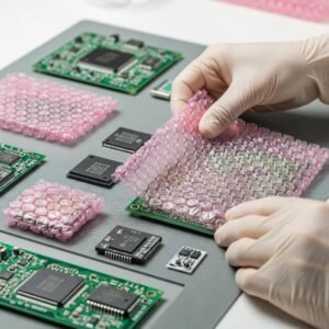 Anti-static bubble wrap protecting electronic components in a clean workspace