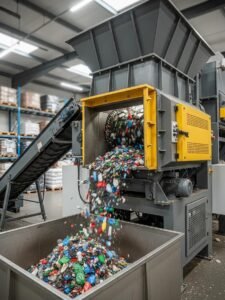 Industrial plastic shredder processing waste, highlighting efficiency and sustainability