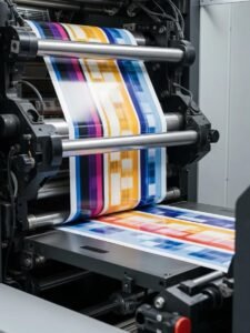 Modern flexographic printing machine demonstrating precision and color alignment in packaging production
