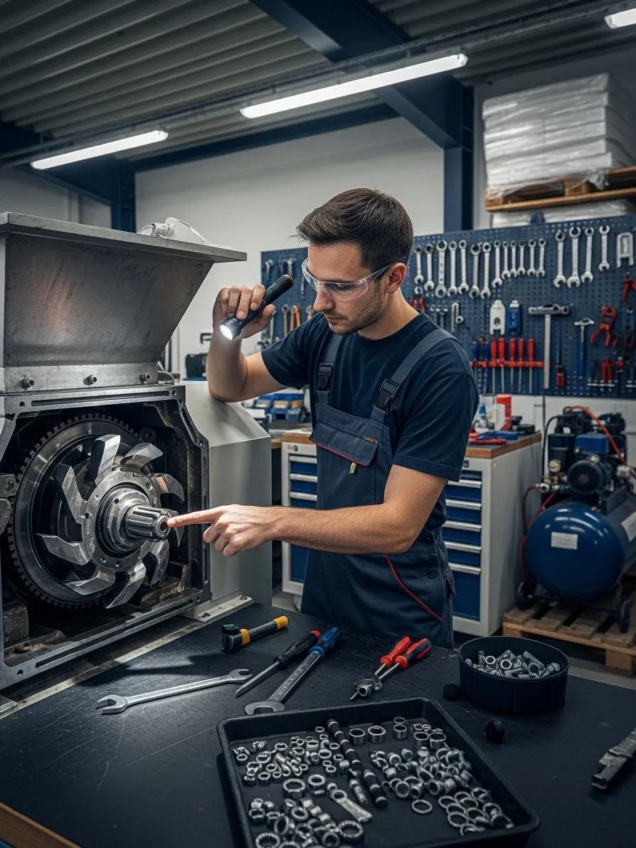 Technician conducting maintenance on an industrial plastic shredder, emphasizing care and efficiency