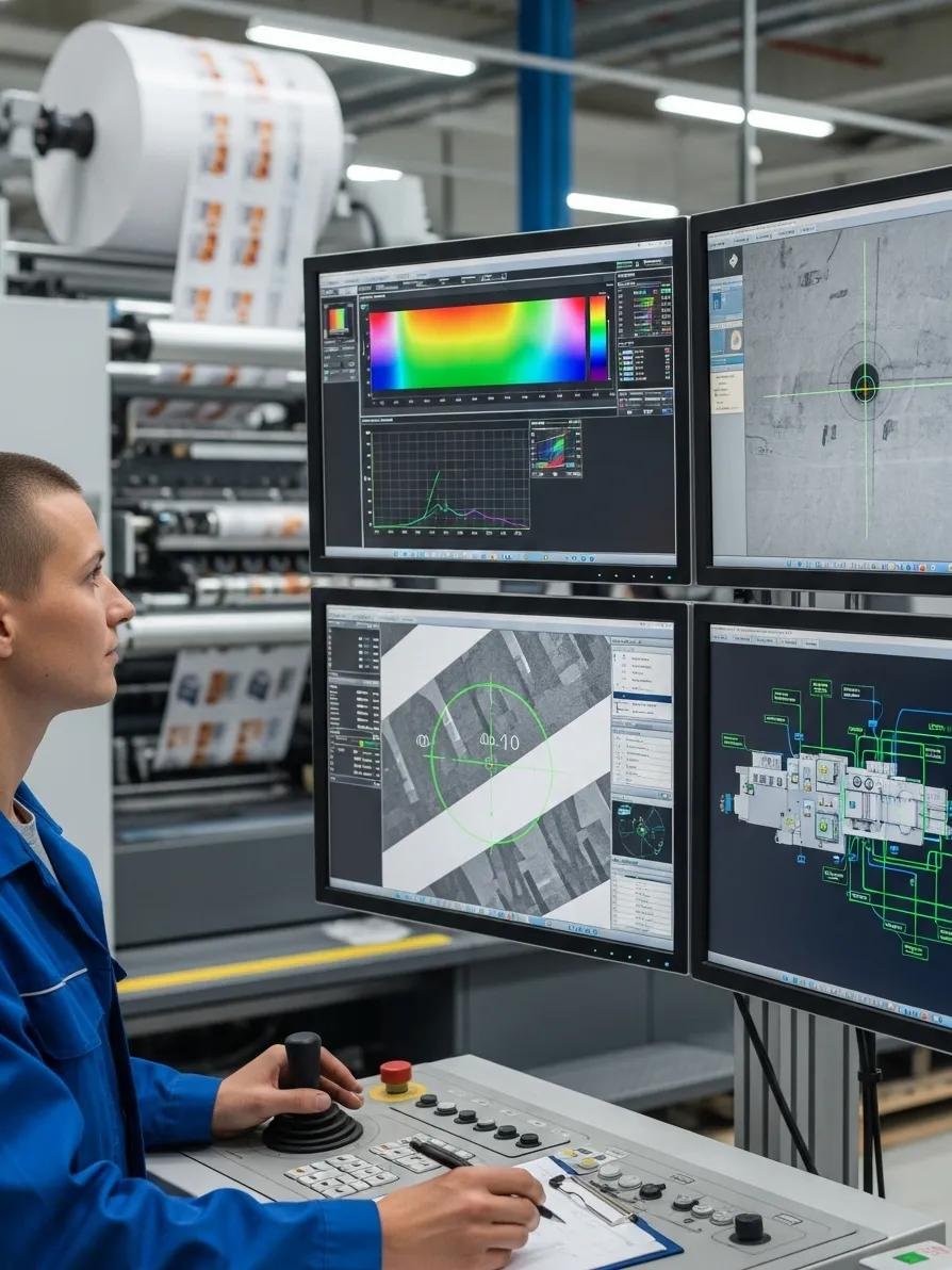 Technician monitoring flexographic printing control system for color alignment and registration