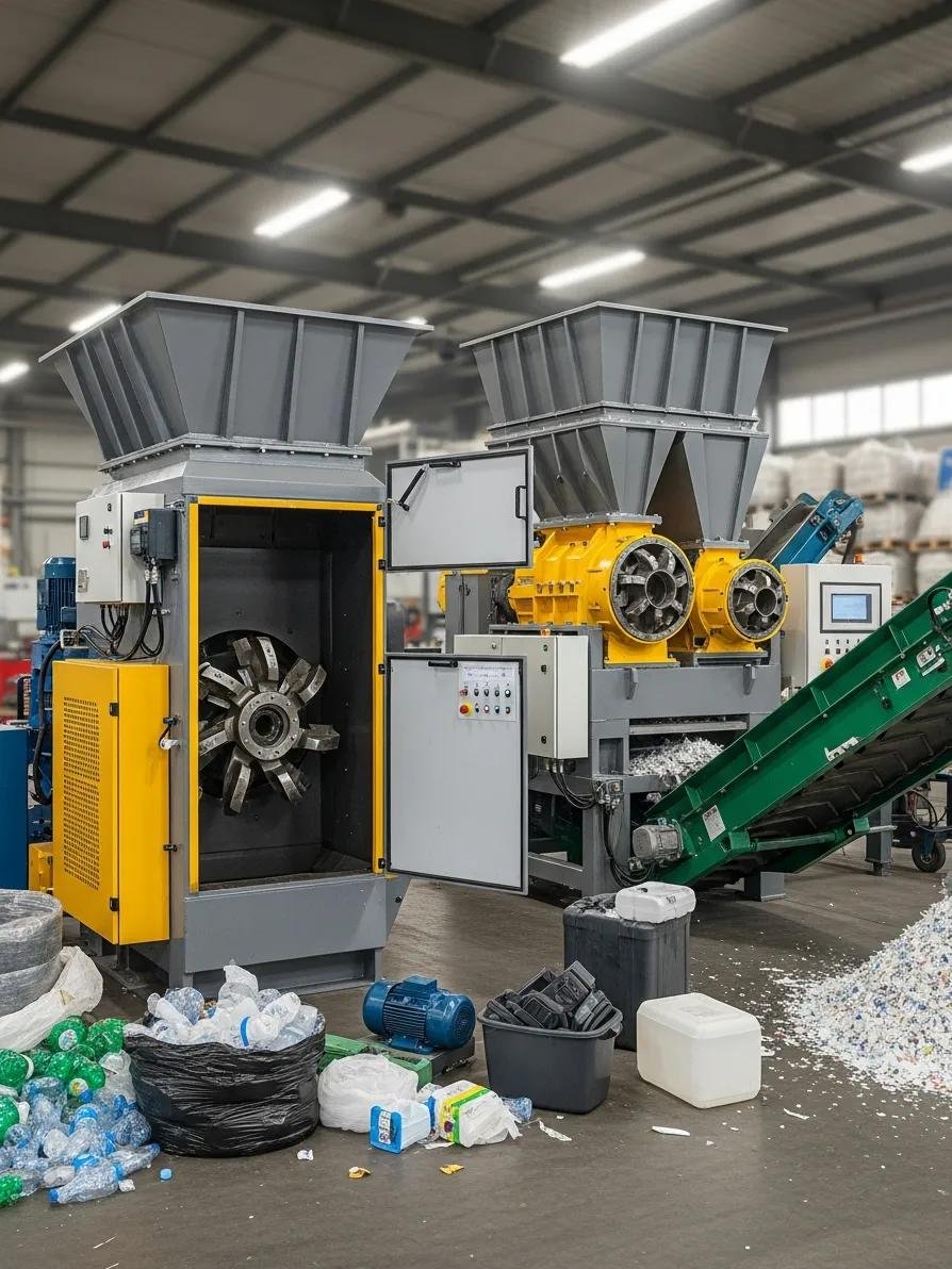 Various types of industrial plastic shredders in a factory setting, showcasing their designs and applications