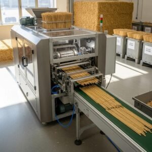 Wheat straw machine processing biodegradable straws in a sustainable production environment
