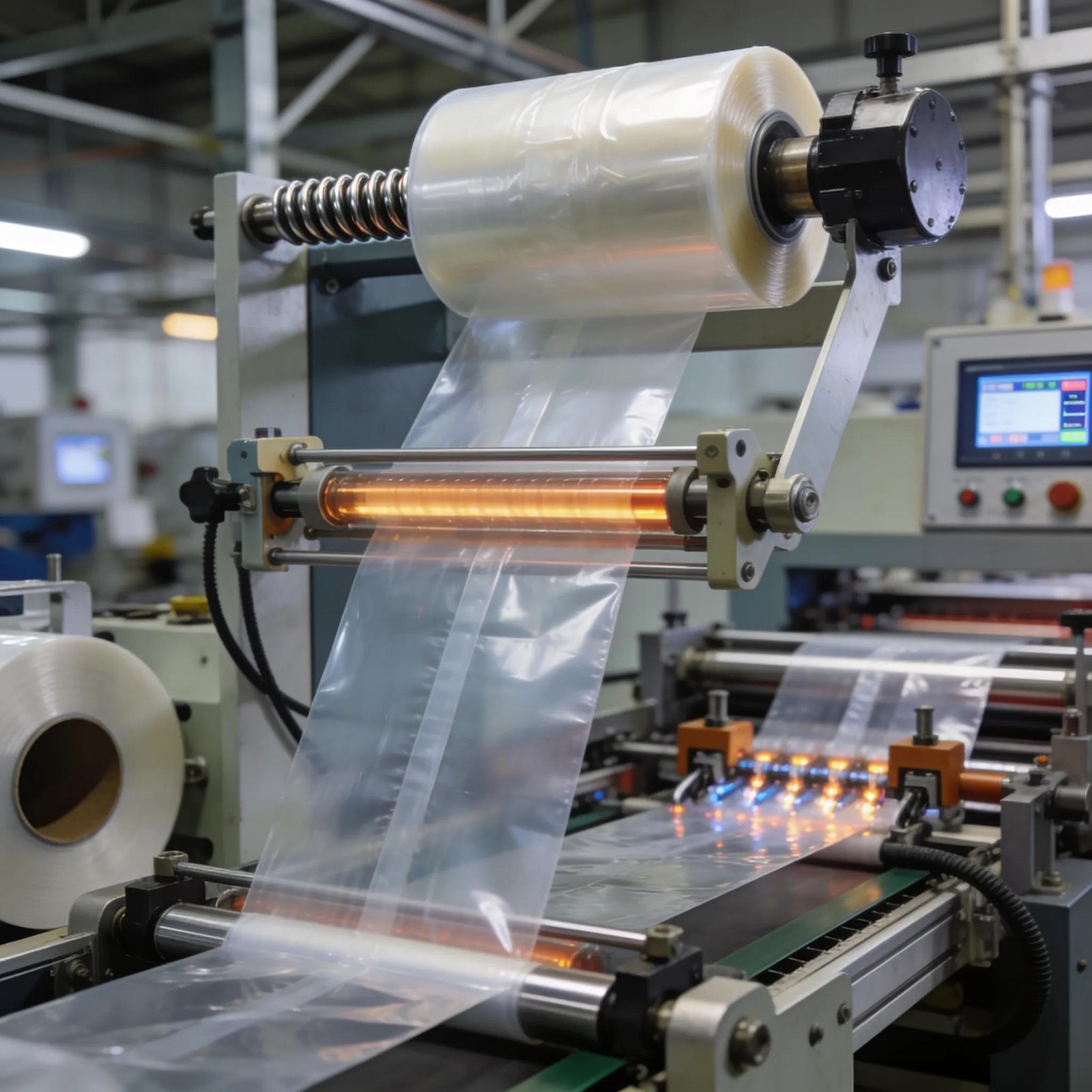 Different types of machinery for manufacturing plastic bags showcased in a factory setting