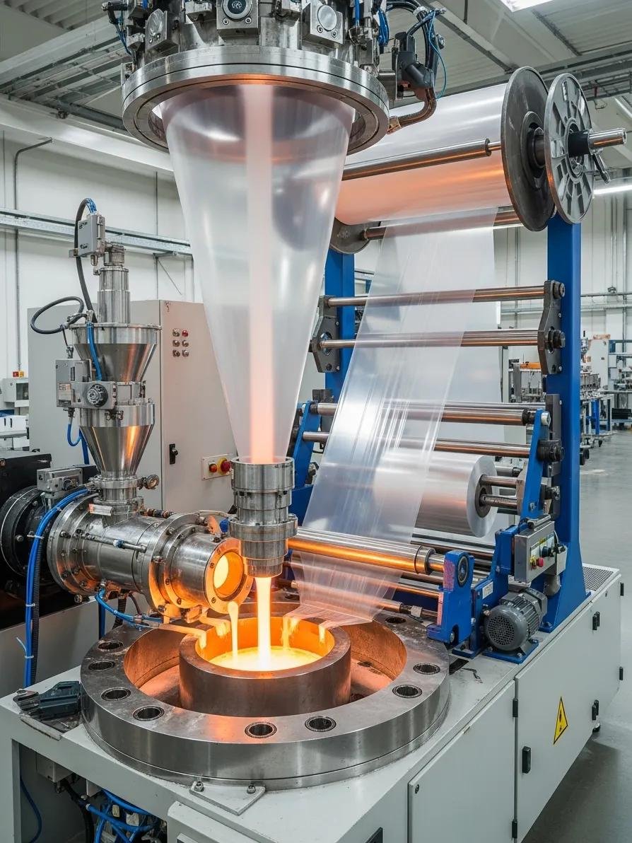 Blown film extrusion process showing molten plastic being formed into thin films in an industrial setting
