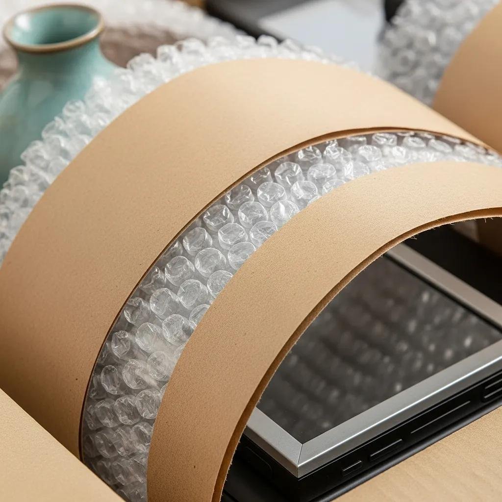 Close-up of bubble wrap with kraft paper demonstrating protective qualities