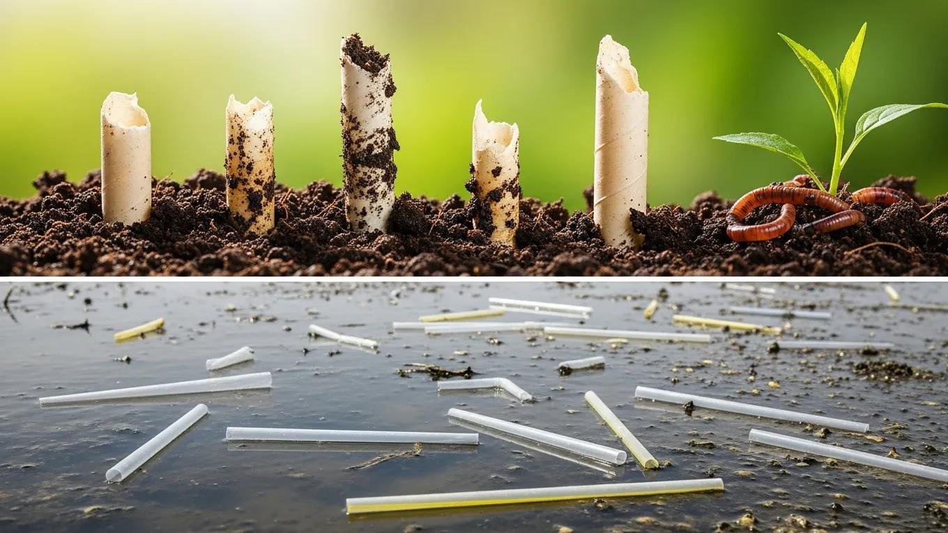 Comparison of biodegradable rice straws decomposing in soil versus traditional plastic straws