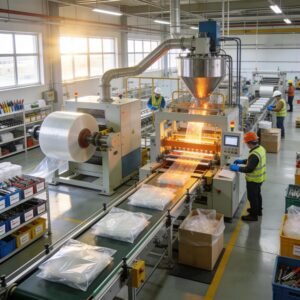 Modern factory producing plastic bags with machinery and workers in action
