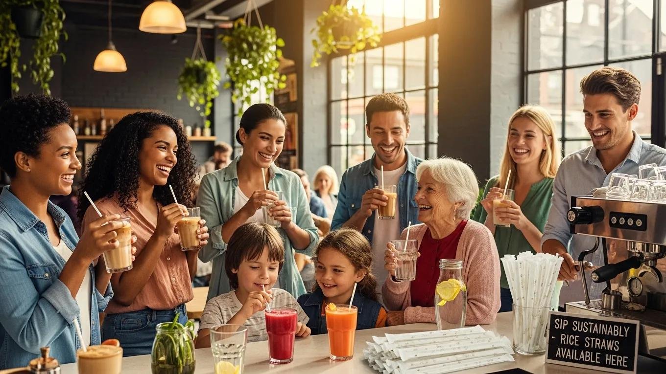 Diverse group enjoying drinks with rice straws in a lively café, representing market growth for biodegradable products