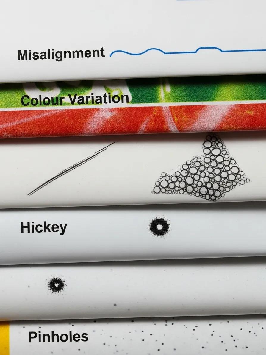 Illustration of common defects in plastic bag printing including misalignment and color variations