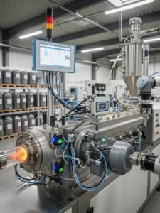 Industrial extruder with sensors showcasing advanced technology in plastic production