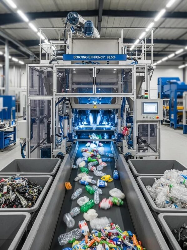 Modern plastic separator machine efficiently sorting various types of plastic waste in an industrial environment