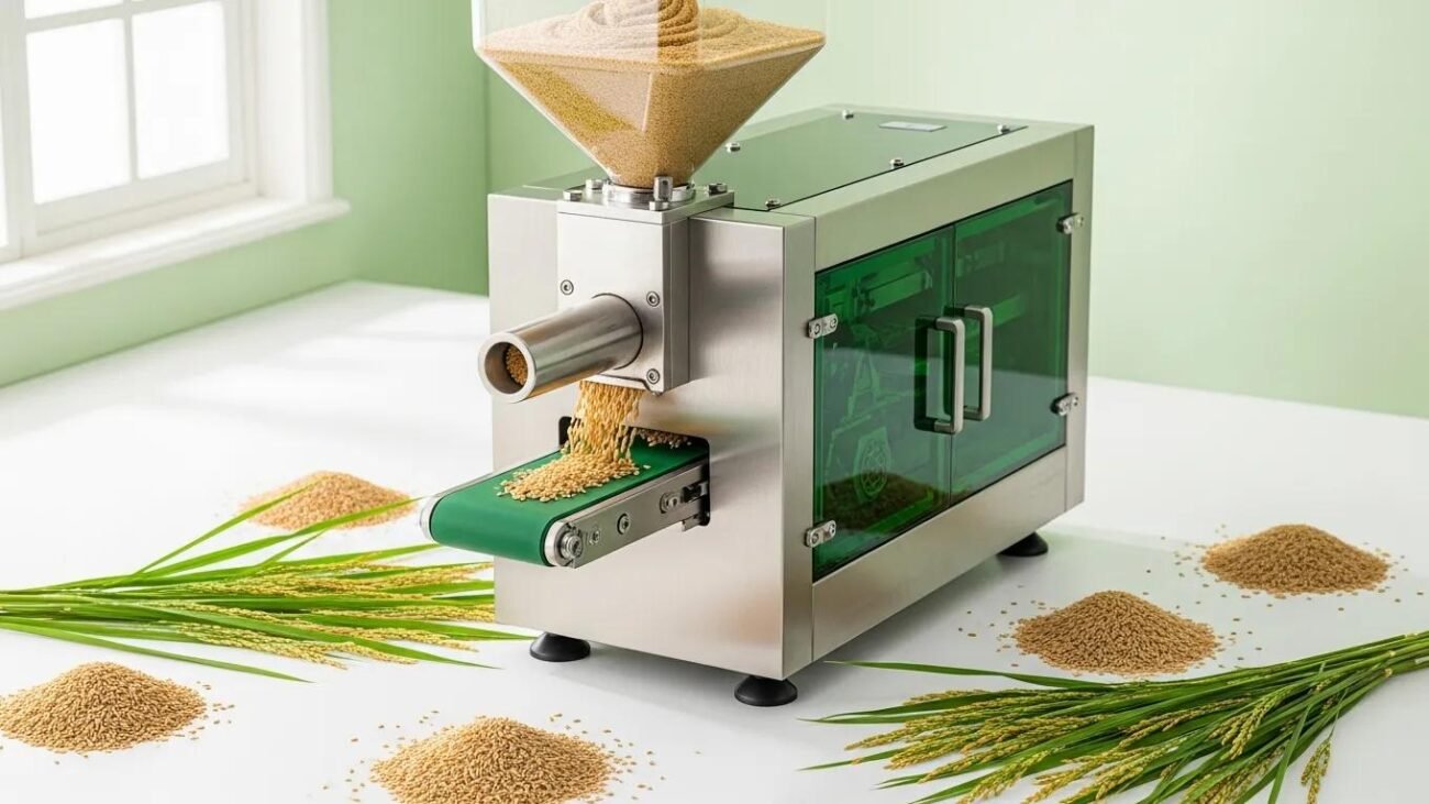 Modern rice straw production machine in an eco-friendly setting, highlighting sustainability