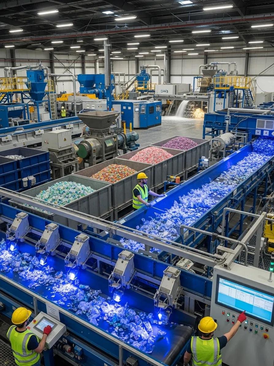 Workers operating advanced machinery in a recycling facility, emphasizing the role of technology in sustainability