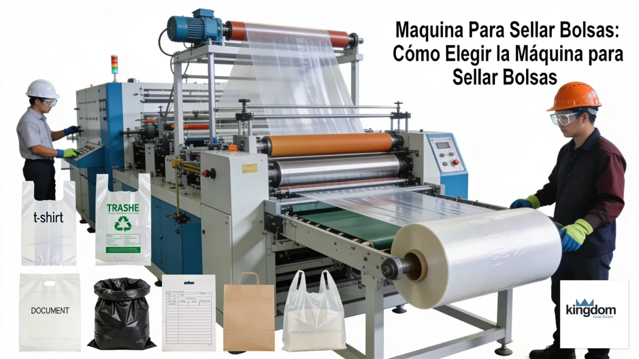 Máquina para hacer bolsas de plástico y selladora, mostrando proceso de fabricación de bolsas en