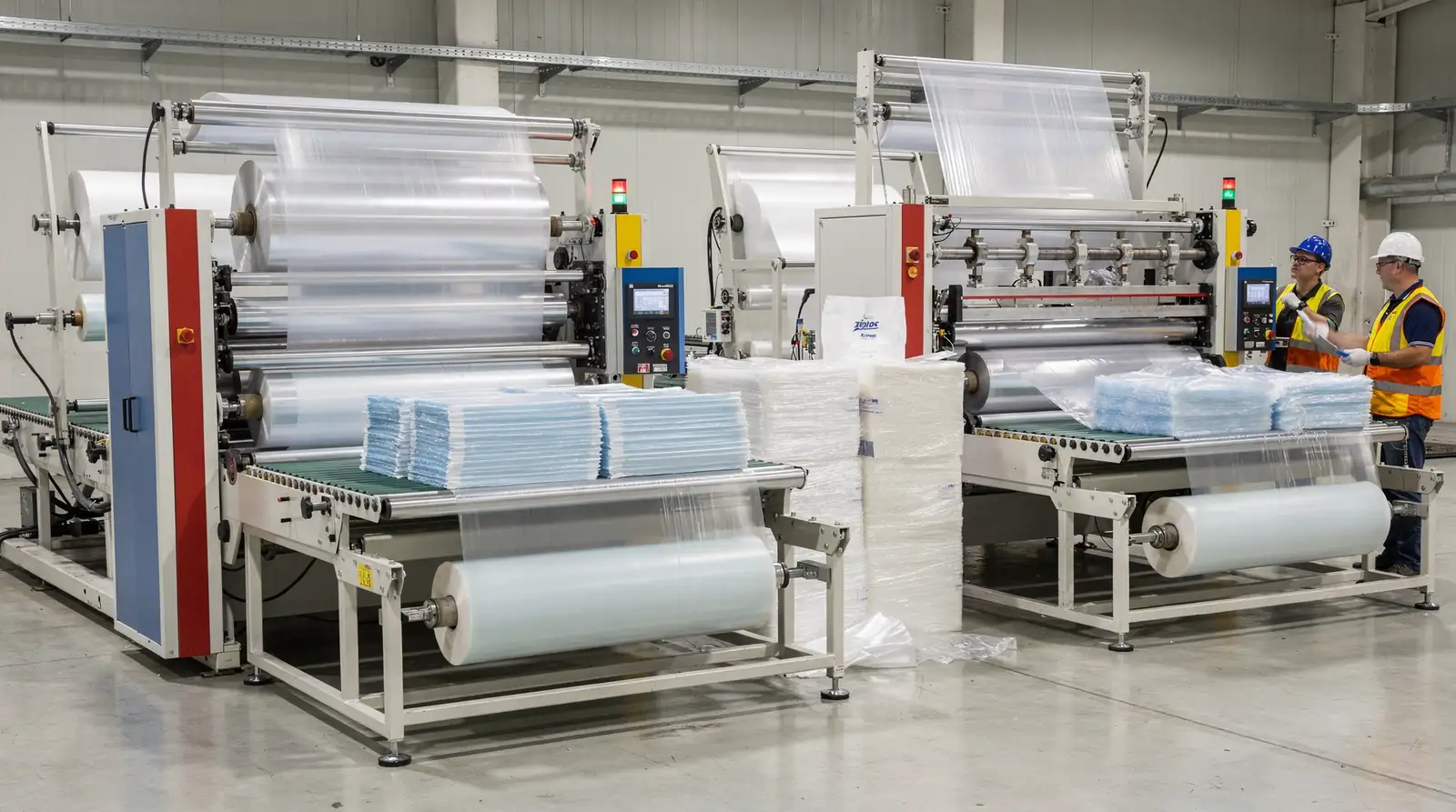 Una máquina para hacer bolsas ziploc puede producir hasta 200 bolsas por minuto operando con