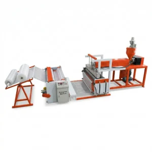 Industrial machinery setup for plastic sheet production with rollers and extruder